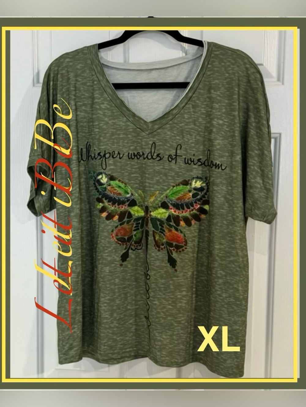 Oversized XL Dark Olive Mossy Green Let It Be🪲 S/S Relaxed Tee T-Shirt Butterfly